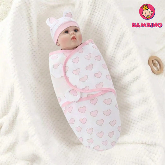 Ensemble Couverture D'emmaillotage & Bonnet pour Bébé Nouveau-né ( Coeur Rose )